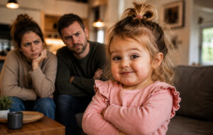 happy toddler with annoyed parents