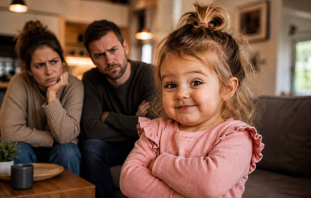happy toddler with annoyed parents
