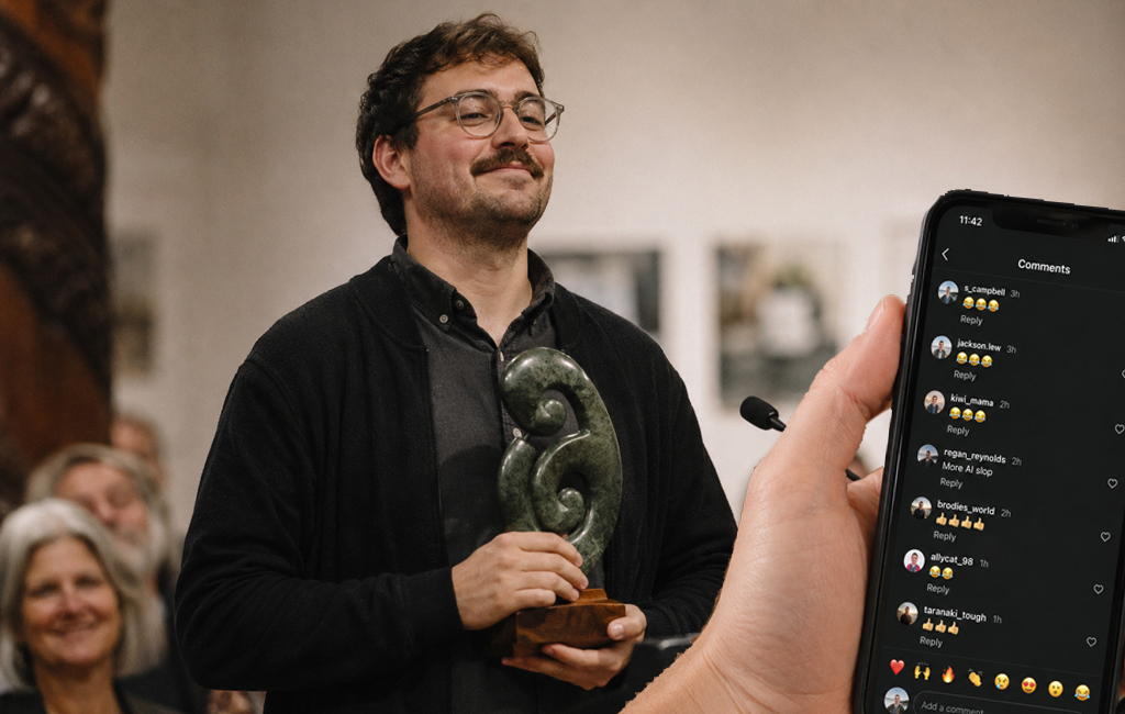 man getting award and phone with instagram open