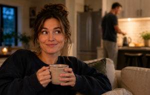 woman on couch with cup