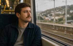 man on train looking out window