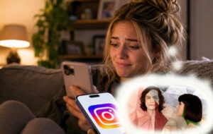woman on couch on phone, remembering Gotye song.