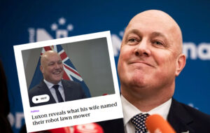 christopher luxon with headline about wife's robot lawnmower
