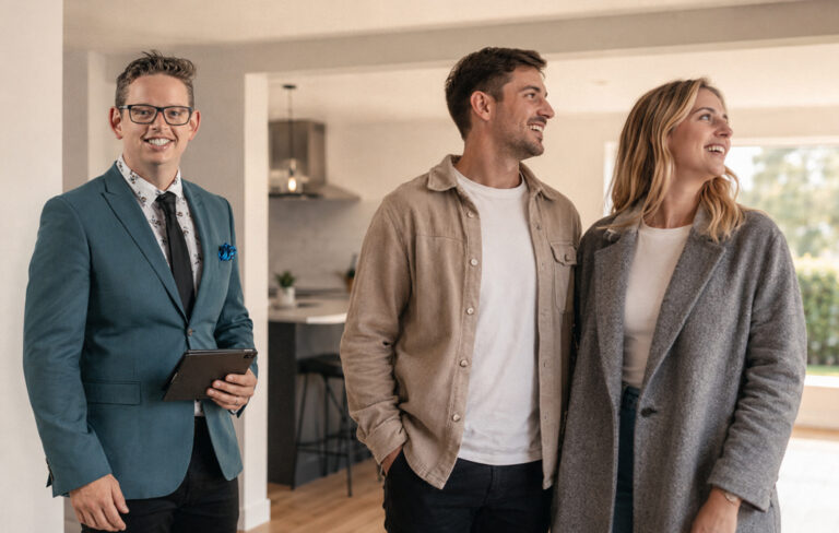 couple looking around open home with real estate agent