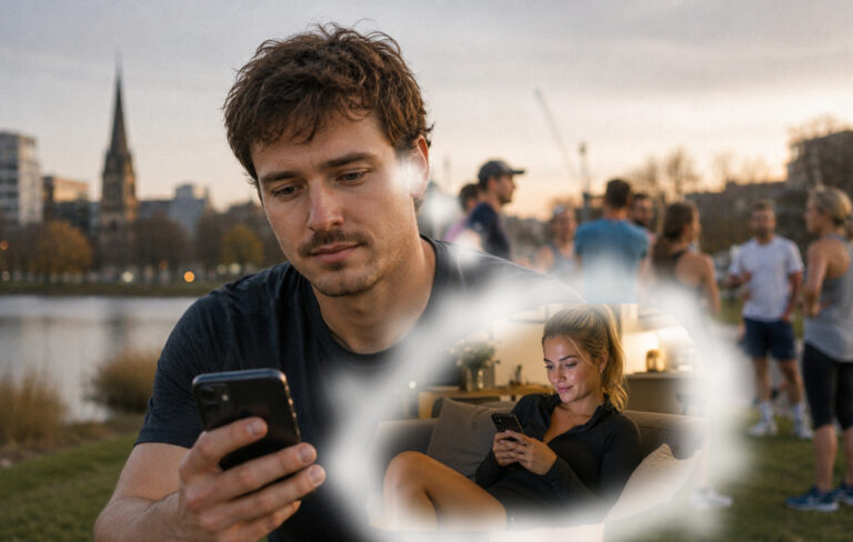 man at run club on phone thinking about girl