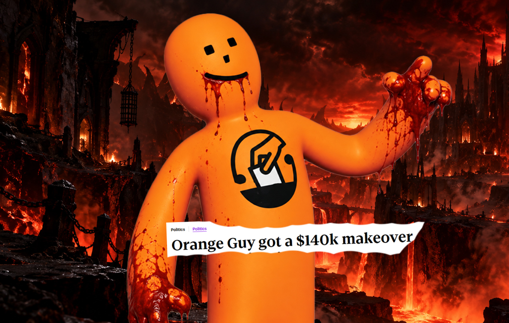 orange guy in hell with blood dripping from his fingers and face.