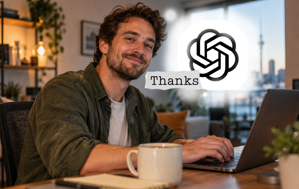 man on laptop saying thanks to chatgpt