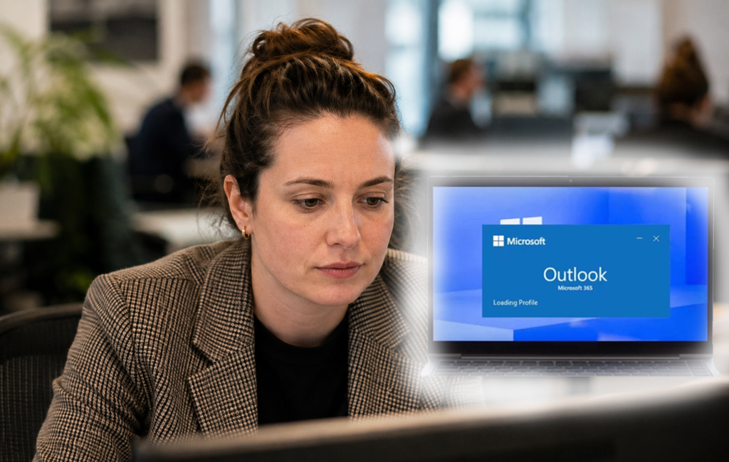 woman in office with laptop thinking about Outlook
