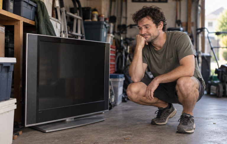man with tv in garage