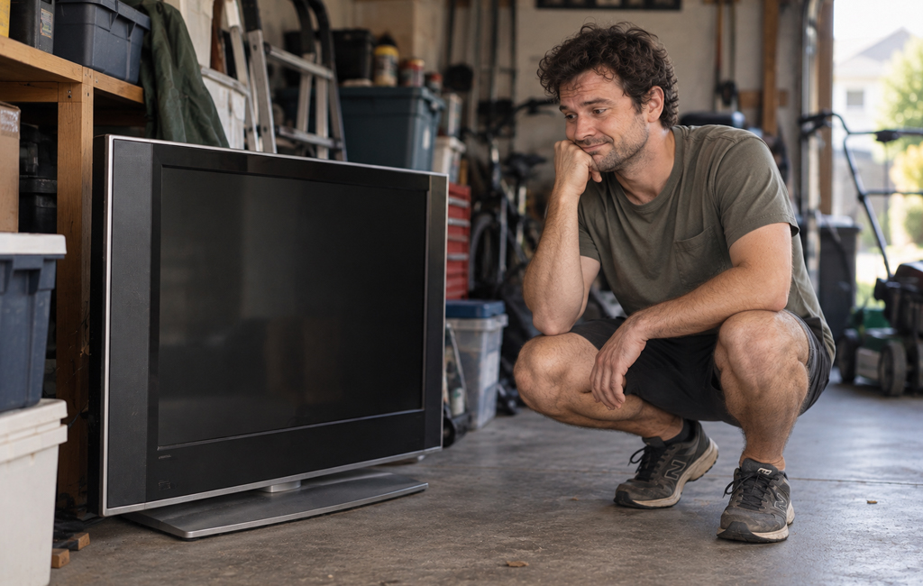 man with tv in garage