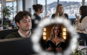 man in office thinking of sydney sweeney
