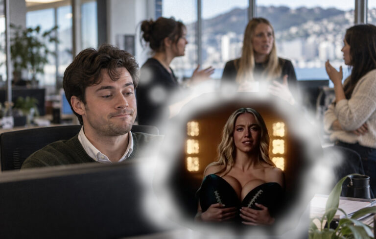 man in office thinking of sydney sweeney