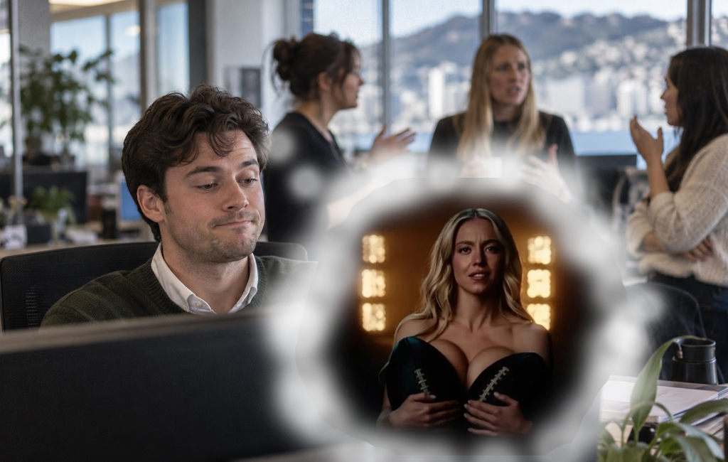 man in office thinking of sydney sweeney