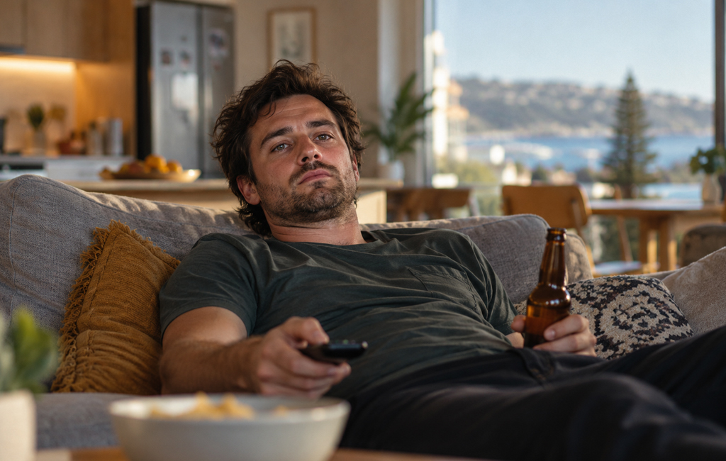 man on couch with beer
