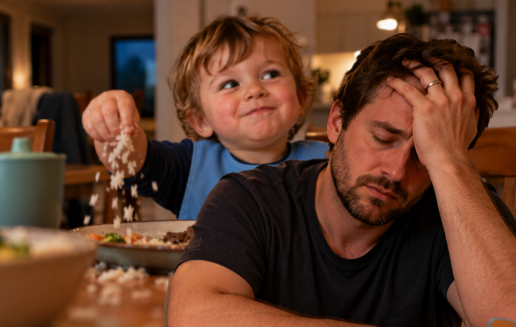 tired dad with toddler dropping rice